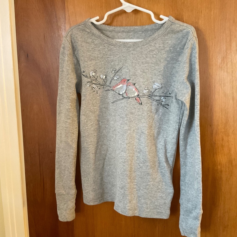 Gap Kids Sleep Shirt Girls Sz 8 Light Gray with Birds Long Sleeve Pullover